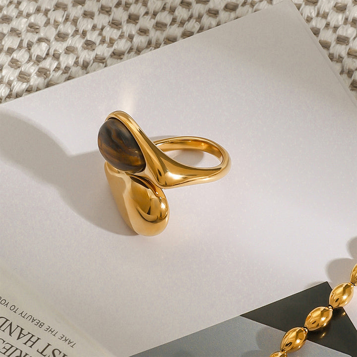 J&D Elegant Style Tiger Eye Stone Drop Ring 18K Gold Stainless Steel Waterdrop Inlaid Fashionable Open Ring Jewelry
