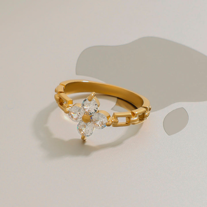 J&D Modern Luxury 18K Gold Stainless Steel Lucky Leaf Clover Zircon Watch Rings for Women