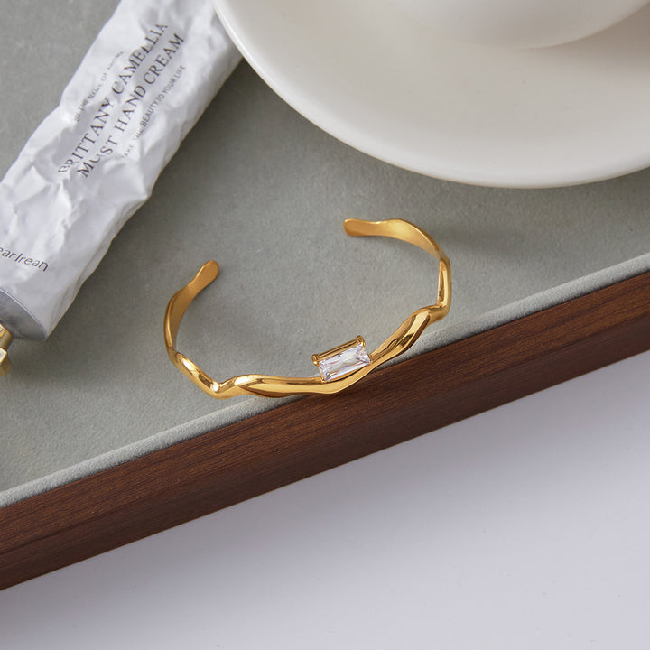 J&D Jewelry Wave Irregular Cuff Bangle 18K Gold Plated Stainless Steel Zircon Opening Bangle