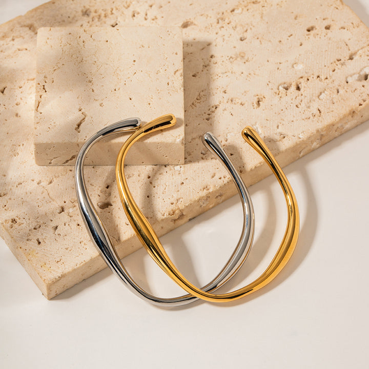 18K Gold and Silver Plated Water Wave Irregular Opening Stainless Steel Bangles Simple Style for Women