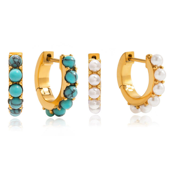 J&D Waterproof Stainless Steel Anti Tarnish Daily Wearing Smooth Turquoise White Pearl Cab Huggie Hoop Earrings