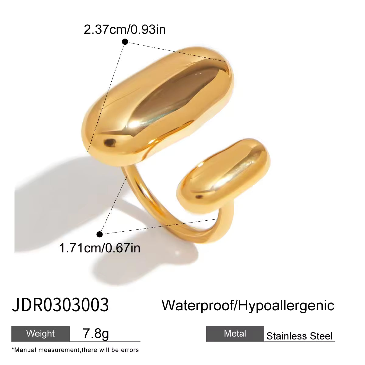 Modern Minimalist Elliptical Bean Ring Stainless Steel Silver Gold Two Tone Polished Elliptical Gold Bean Open Ring
