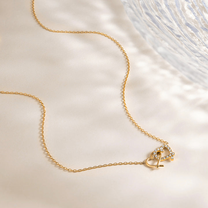 J&D 18K Gold Plate Stainless Steel Necklace Classic Zircon Heart Double-ring Interlocking Pendant Necklace