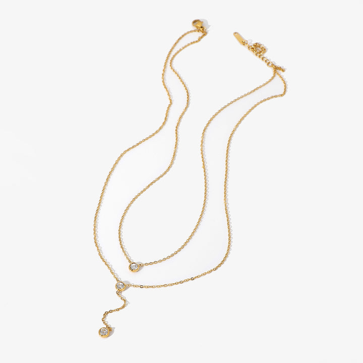 18K Gold Stainless Steel Y Shaped Dainty Chain Double Layer Shiny Cubic Zirconia Lariat Necklaces