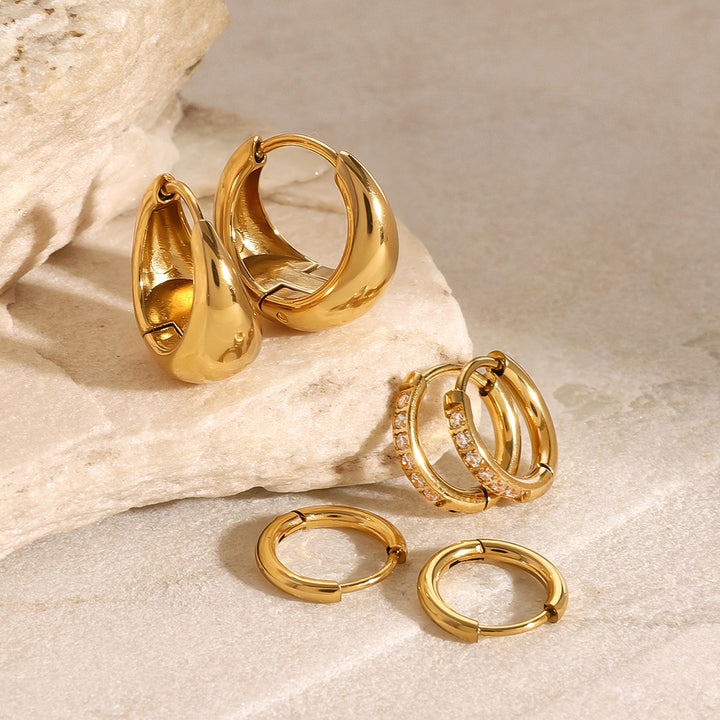 J&D 18k Gold Stainless Steel White Water Drill Solid Circle Ear Clips Set of 3