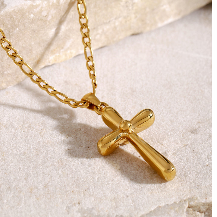 J&D 18K Gold Plated Stainless Steel Cross Necklace 50+5cm Snake Chain with Pearl Trendy Geometric Style for Gift