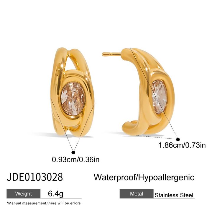 J&D Tarnish Free Steel CC Shape Earring Stylish 18K Gold Plated White Zircon Hollow Hoop Earrings Zircon Ear Cuff