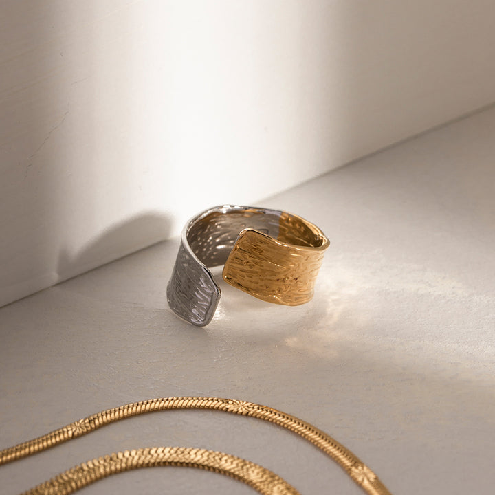 Charm 18k Gold Plated Stainless Steel Jewelry Gift Splicing Opening Wide Texuture Rings for Women