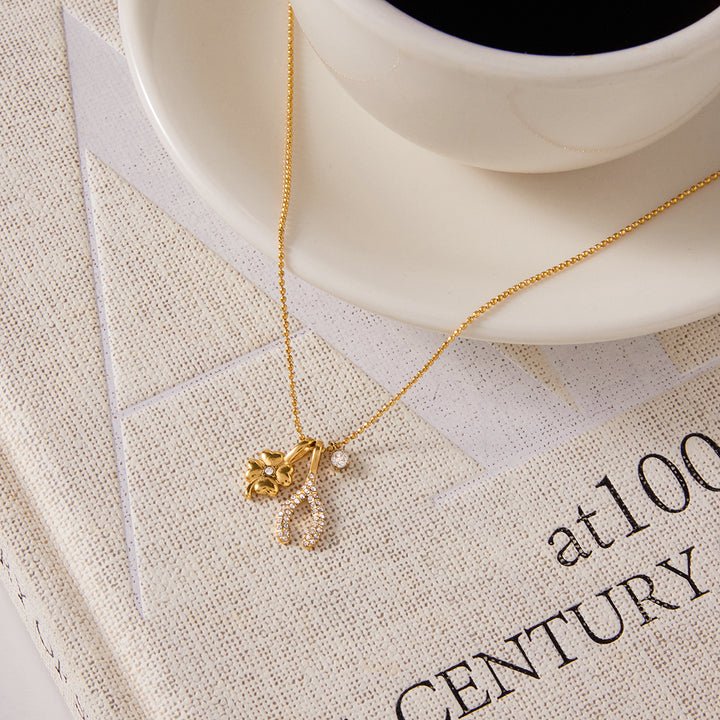 J&D 18K Gold Plated Stainless Steel Necklace Zircon Four Leaf Clover Wishbone Bead Chain Lucky Charms Necklace for Gift
