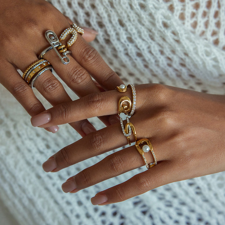 J&D Jewelry Waterproof Pin Ring Women Stainless Steel Paper Clip Two Tone Multi Hoop Finger Ring