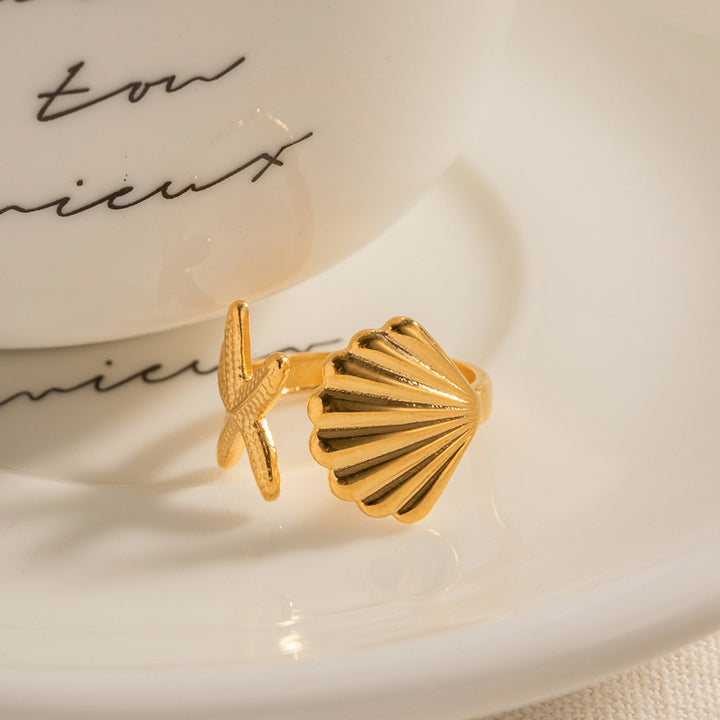 Ins Ocean Style Stainless Steel 18K PVD Plated Shell and Starfish Rings Tarnish Free Rings for Girls