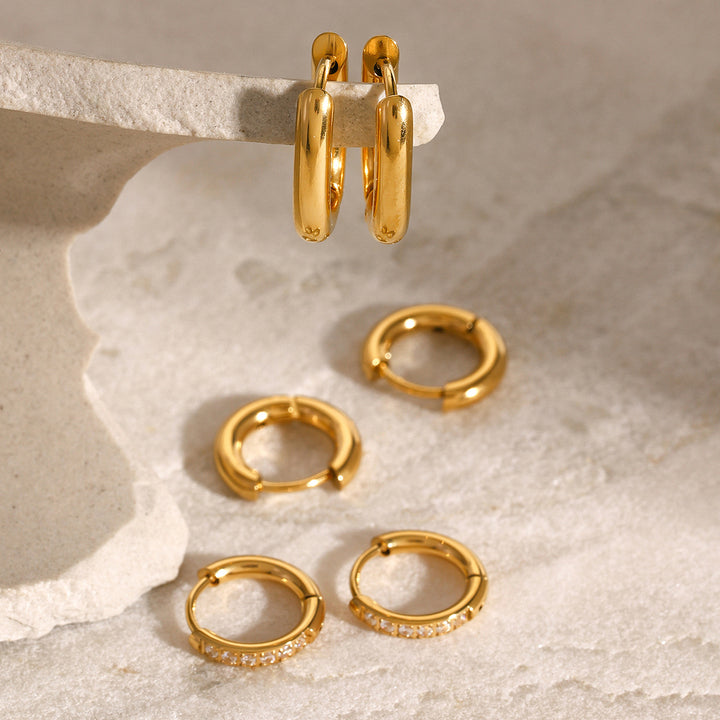 J&D Classic Dainty 18k Gold Stainless Steel Zircon Hoop Earring Sets Three Pairs in Vintage Geometric Style