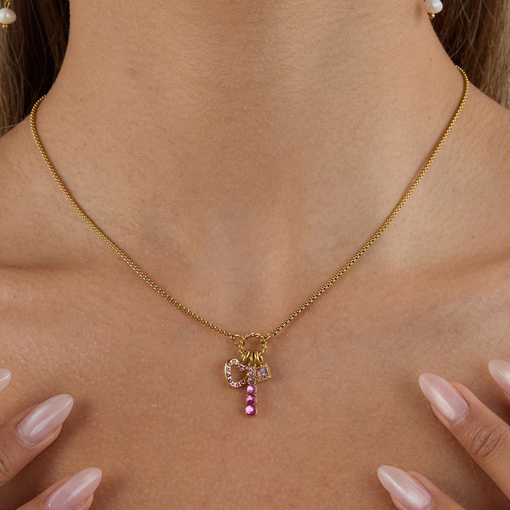 J&D Romanic Love Hollow Heart Cute 3 in 1 Pink Zircon Block Charms Pendant Necklace