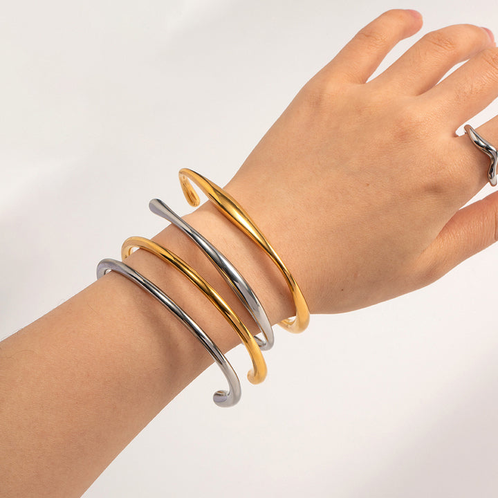 18K Gold and Silver Plated Water Wave Irregular Opening Stainless Steel Bangles Simple Style for Women