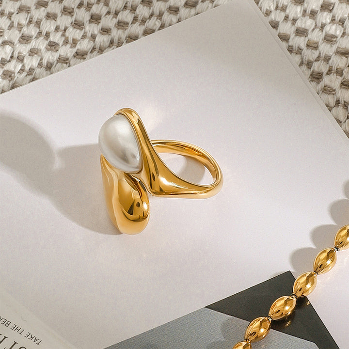 J&D Elegant Style Faux Pearl Drop Ring 18K Gold Stainless Steel Waterdrop Inlaid Minimalist Fashion Open Ring for Women