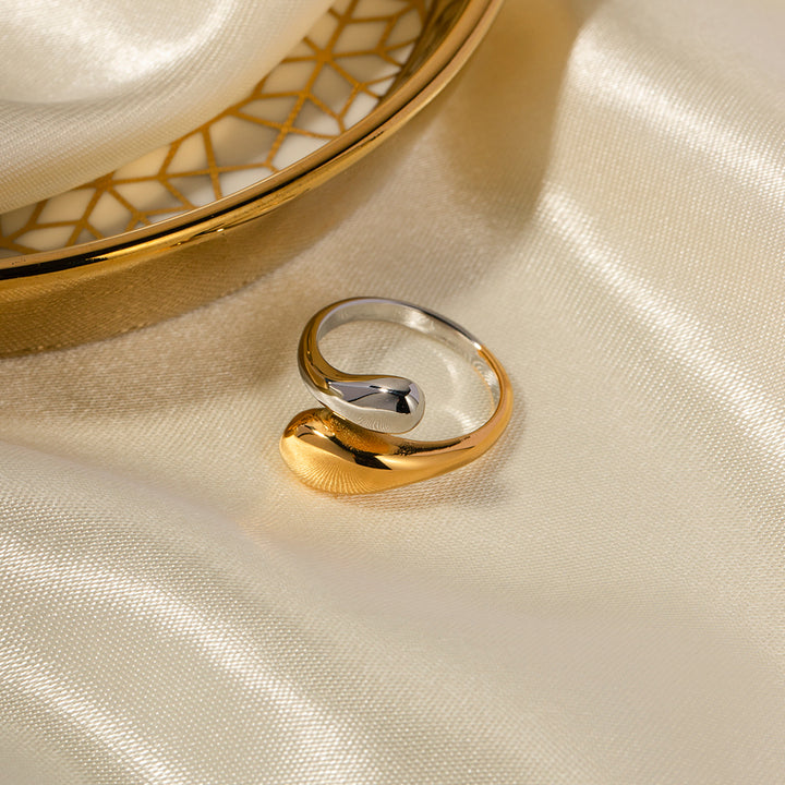 J&D Design Two-tones Ring 18K PVD Gold Plated Stainless Steel Ring Two Tone Colorblock Cross Asymmetric Open Ring