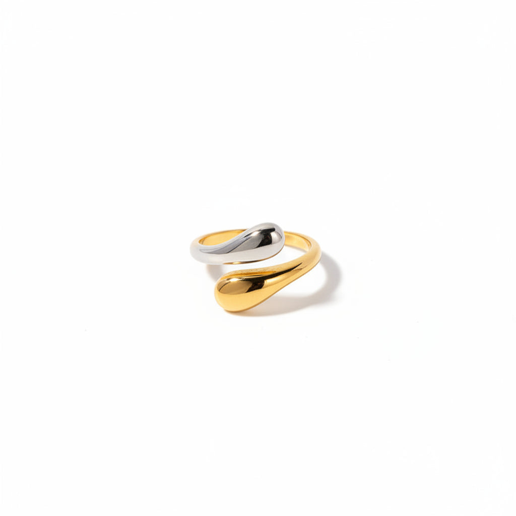J&D Design Two-tones Ring 18K PVD Gold Plated Stainless Steel Ring Two Tone Colorblock Cross Asymmetric Open Ring