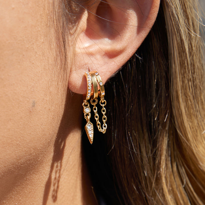 J&D Delicate Tassel Earring 18K Gold Stainless Steel Crystal Three Layer Hollow CC Chain Tassel Cone Shaped Earrings