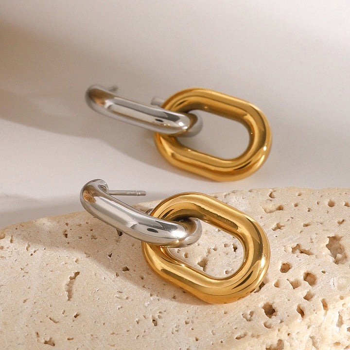 J&D 18k Gold Silver Stainless Steel Retro Knocker Earrings Contemporary Vintage Style Two Tone Chain Hoop with Geometric Pattern