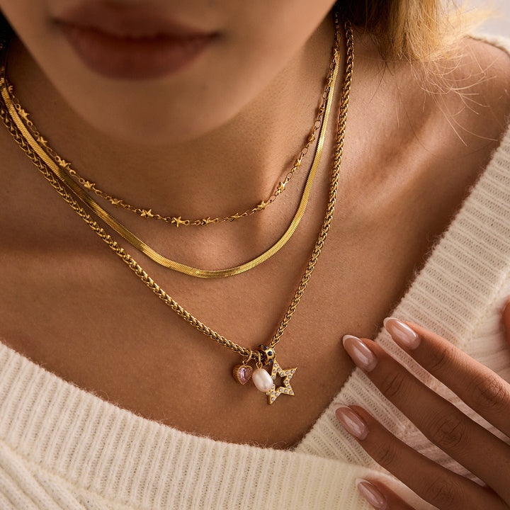 J&D Pink Heart CZ Pearl Star Stainless Steel 18K Gold Plated Classic Statement Wheat Chain Necklace Gift for Women Daily Wear