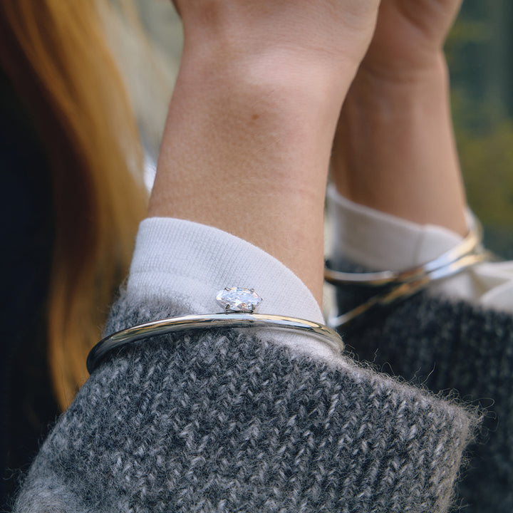 Women's Style - Classic Design Steel Colored Stainless Steel Radish Stone Marquise White Radish Stone Open Bangle