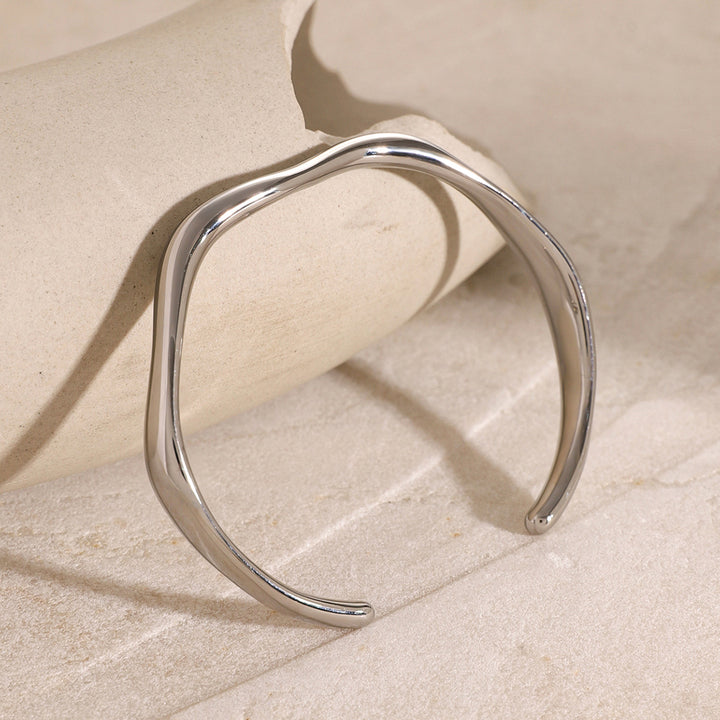 J&D Stainless Steel Fine Wave Open Bangle Bracelet Minimalist Design