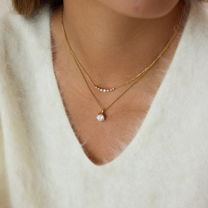 J&D CZ Stone Layered Necklace Stainless Steel Gold Tone Dainty Minimalist Setting Polishing Trendy Gift Daily Wear Party Women