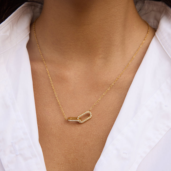 J&D 18K Gold Plate Stainless Steel Necklace Classic Zircon Oval Geometric Interlocking Pendant Necklace