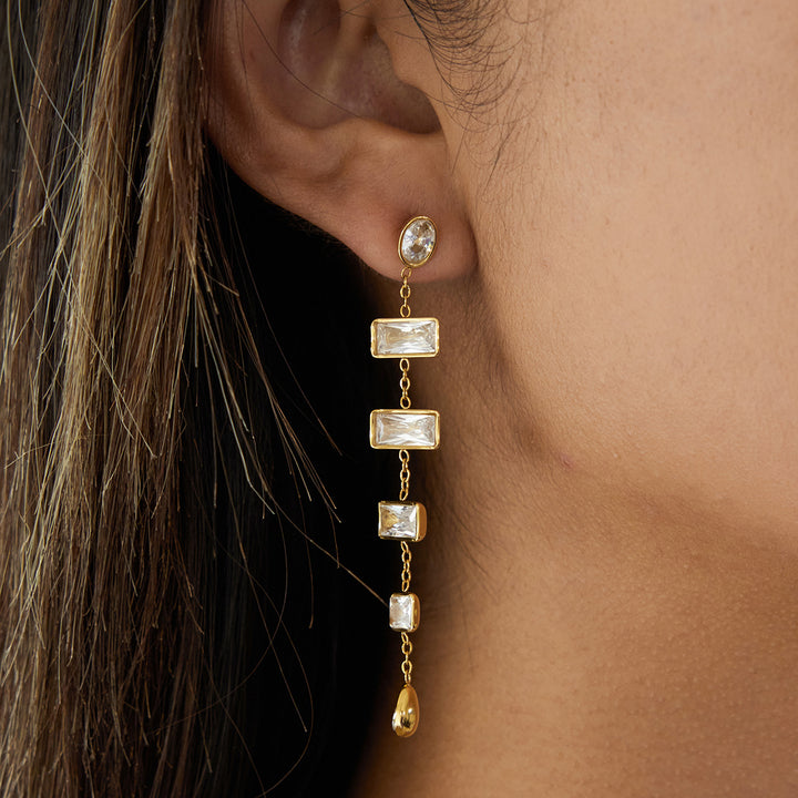 J&D Classic CZ Tassel Earring 18K Gold Plated Stainless Steel Square White Zircon Teardrop Zircon Tassel Earrings