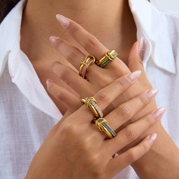 JD 18K PVD Gold Plate Stainless Steel Rings Sweet Romantic Spinel Double Layer Interlocking Ring