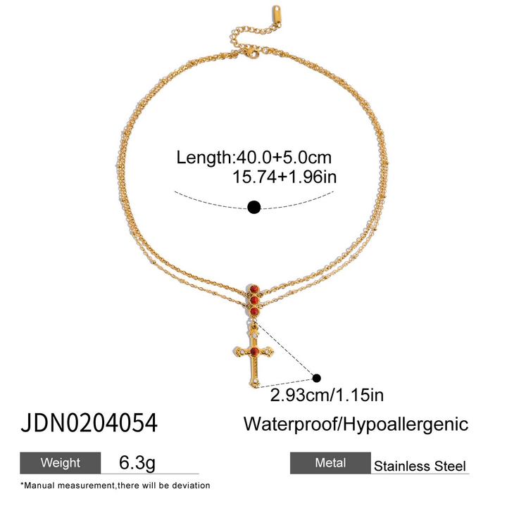 J&D18k Gold Plated Stainless Steel Red Turquoise Crystal Stone Pearl Section Cross Pendant Necklace