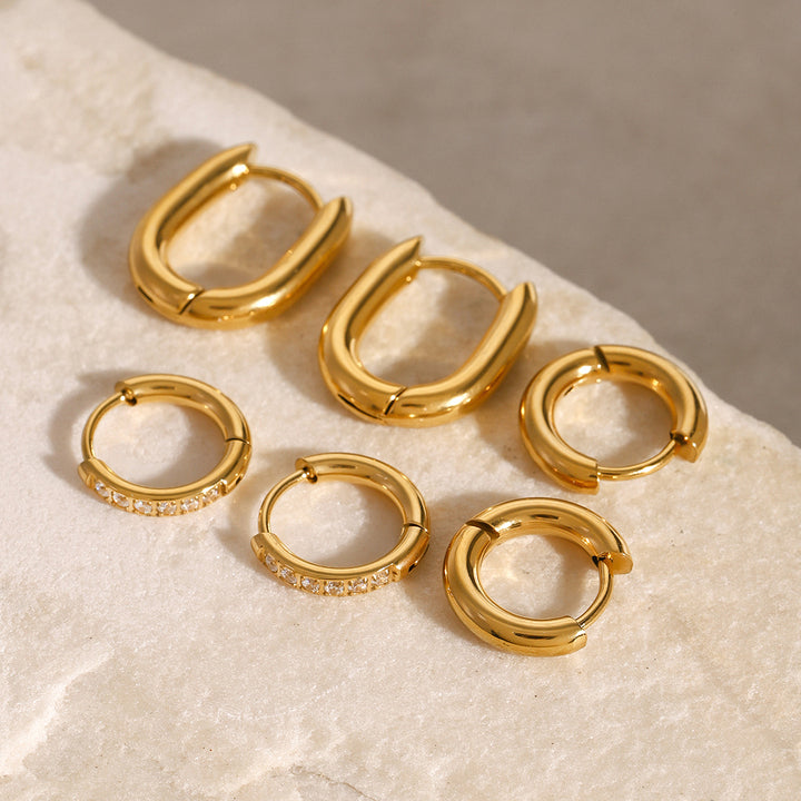 J&D Classic Dainty 18k Gold Stainless Steel Zircon Hoop Earring Sets Three Pairs in Vintage Geometric Style