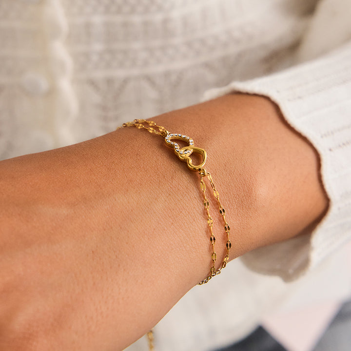 JD Romantic Open Heart Double Loop Bracelet for Women 18K Gold Plated with White CZ Crystals Dainty Valentine Gift Jewelry