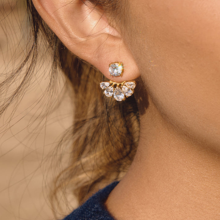 J&D Classic Elegant Water Drop Zircon Earring 18K Gold Plated Stainless Steel Zirconia Circle Detachable Fan Jackets Earrings