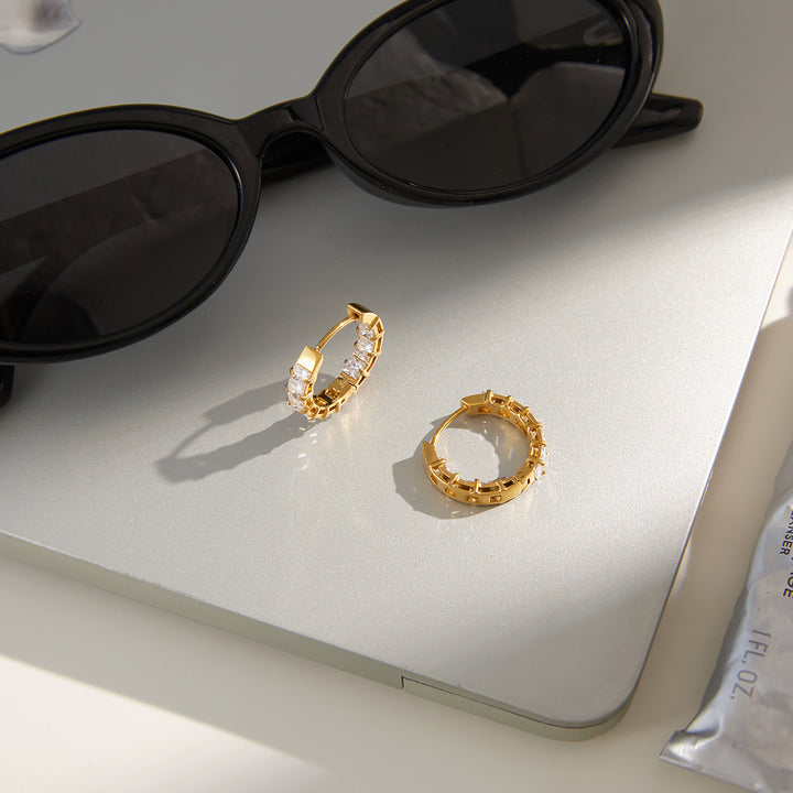 J&D Classic CZ Hoop Earring 18K Gold Stainless Steel Trendy White Cubic Zirconia Inlay Earrings