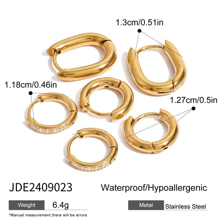 J&D Classic Dainty 18k Gold Stainless Steel Zircon Hoop Earring Sets Three Pairs in Vintage Geometric Style