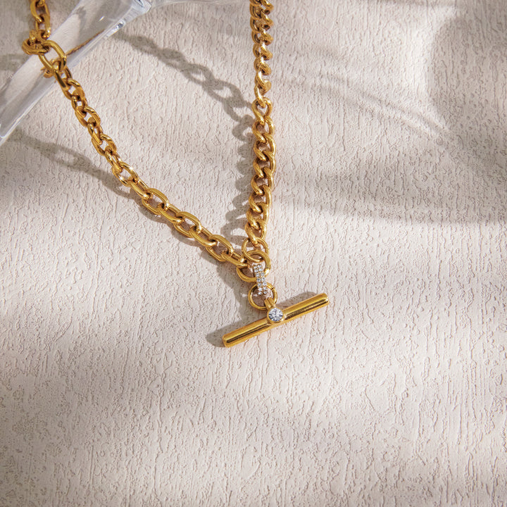 J&D Original Design Classic T Bar Necklace 18K Gold Stainless Steel Fashion Crystal T Bar Pendant Cuban Chain Necklace