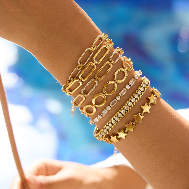 JD Trendy Elegant 18K Gold Plated White Zircon Oval Tennis Chain Bracelet Stackable Tennis Bracelet Adjustable Fashion Jewelry