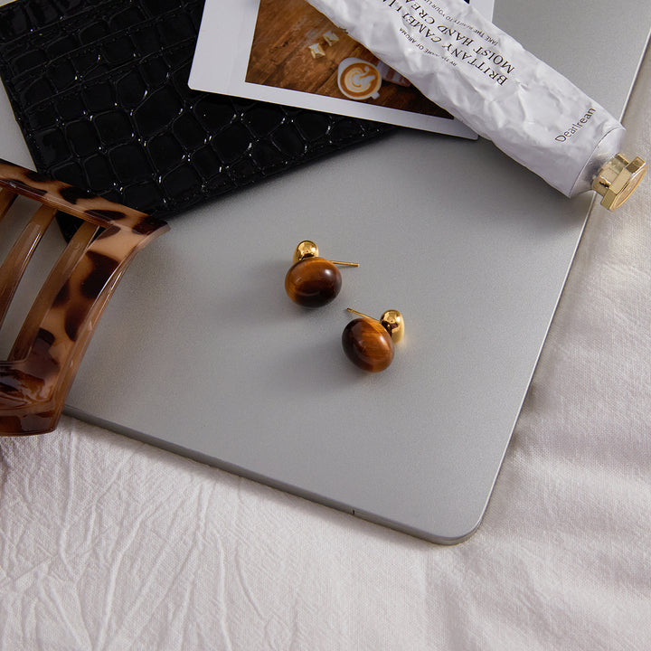 J&D Classic Retro Tiger Eye Earring 18K Gold Stainless Steel Natural Stone Earring Chunky Oval Tiger Eye Stone Earrings
