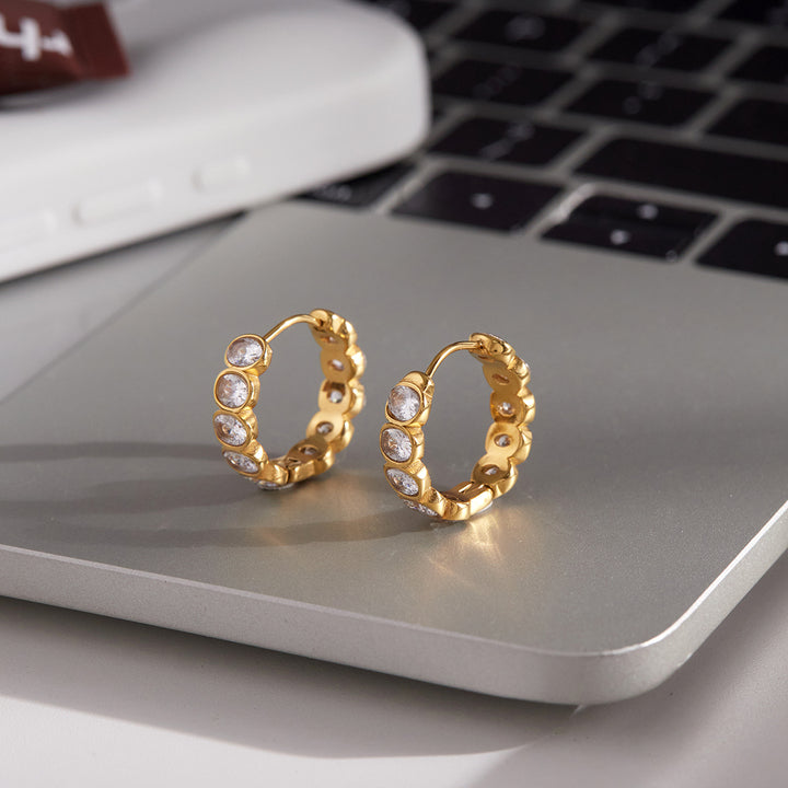J&D Delicate CZ Hoop Earring 18K Gold Plated Stainless Steel Classic White Round Oval Zirconia Hoop Earrings