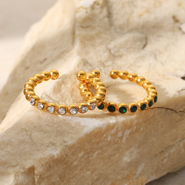 INS Dainty Thin Bead Green Zircon Ring Jewelry Stainless Steel Zirconia Paved Bead Open Ring