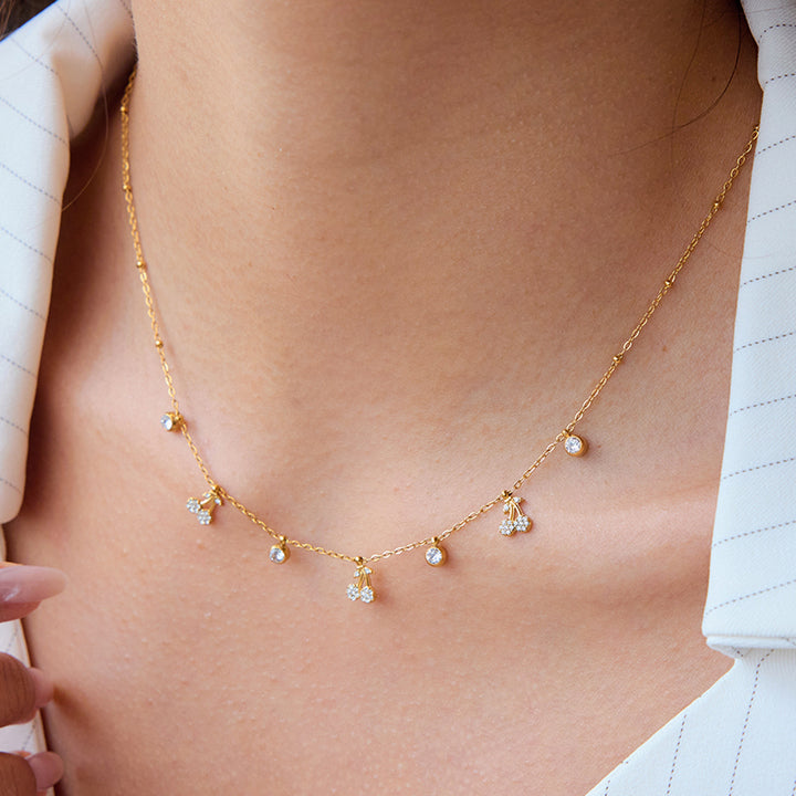 J&D 18K Gold Plated Stainless Steel Jewelry Cute Rhinestone Cherry Round Zircon Chain Necklace