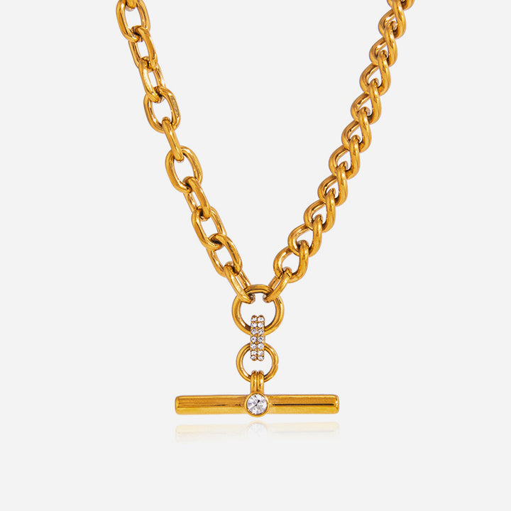 J&D Original Design Classic T Bar Necklace 18K Gold Stainless Steel Fashion Crystal T Bar Pendant Cuban Chain Necklace