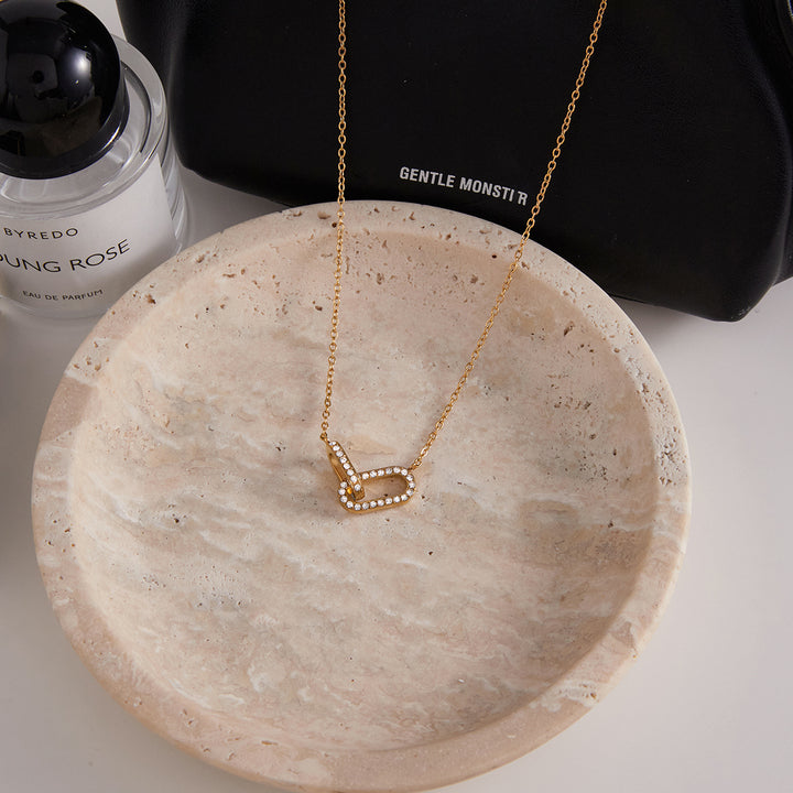 J&D 18K Gold Plate Stainless Steel Necklace Classic Zircon Oval Geometric Interlocking Pendant Necklace