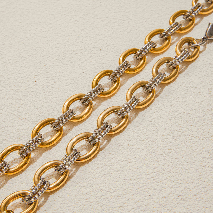 J&D 18K Gold Plate Stainless Steel Necklace Classic Minimalist Two Tone Oval Smooth Twist Necklace