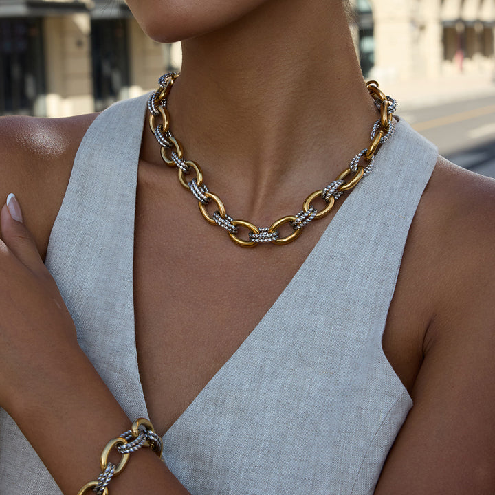 J&D Minimalist 18K Gold and Stainless Steel Two Tone Color Matching Oval Smooth Twist Bracelets Necklaces