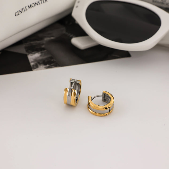 J&D Fashion Two Tone Hoop Earring 18K Gold Plated Stainless Steel Gold and Silver Two Tone Wide Three Layered Earrings