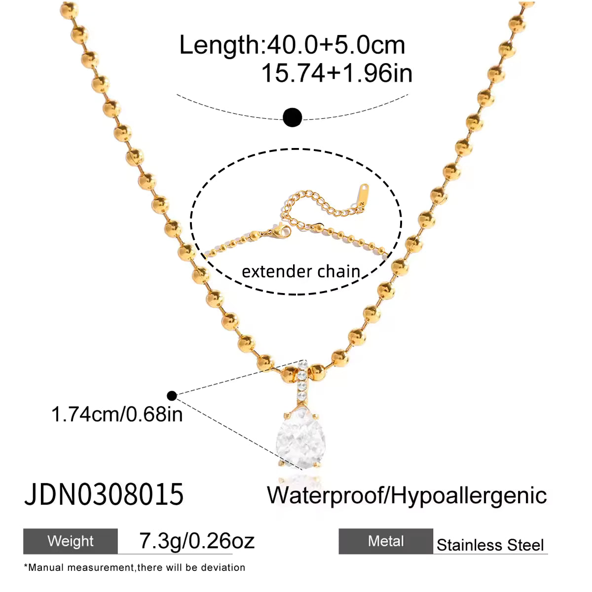 Oval Marquise White CZ Stainless Steel 18K Gold Plated Classic Statement Ball Chain Necklace Gift for Women Daily Office