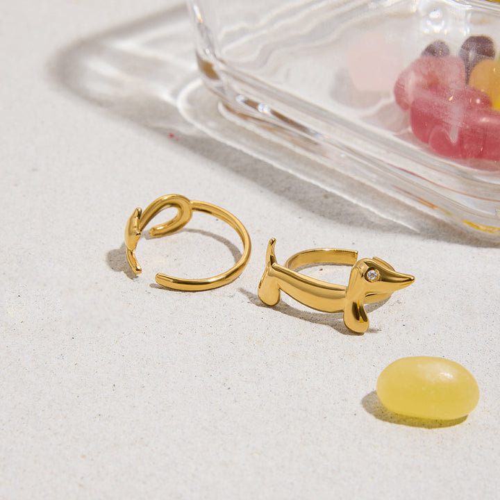 J&D Cute and Trendy 18k Gold Plating Stainless Steel Minimalist Lined Rhinestone Dog Cat Dachshund Kitten Ring