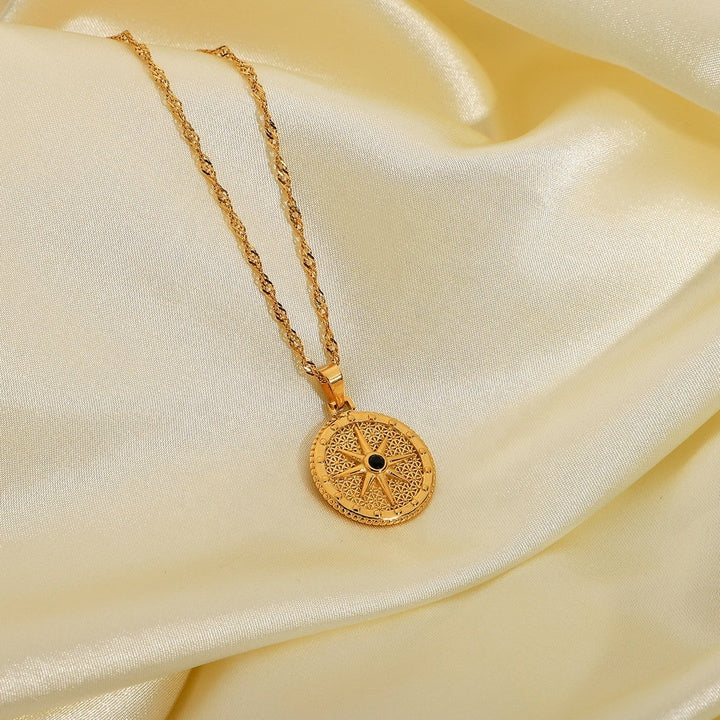 Trendy Titanium Steel Necklace 18K Gold Plating Stainless Steel Round Octagon Signet Black Diamond Necklace